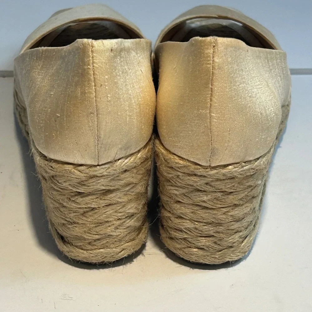 Lauren‎ Ralph Lauren Cecilia Parchment Shantung Espadrille Wedges Gold 9B Spain